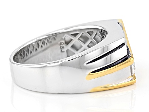 White Lab Sapphire Rhodium and 14K Yellow Gold Over Sterling Silver Men's Ring 1.85ctw