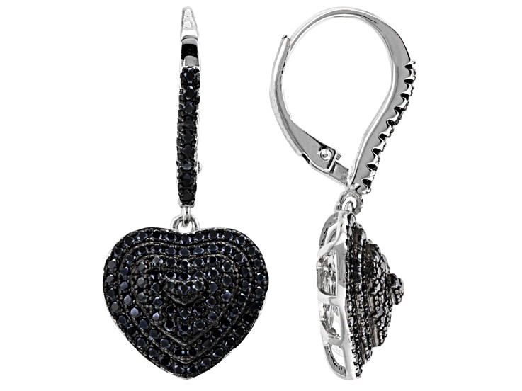 Black Spinel Rhodium Over Sterling Silver Heart Earrings