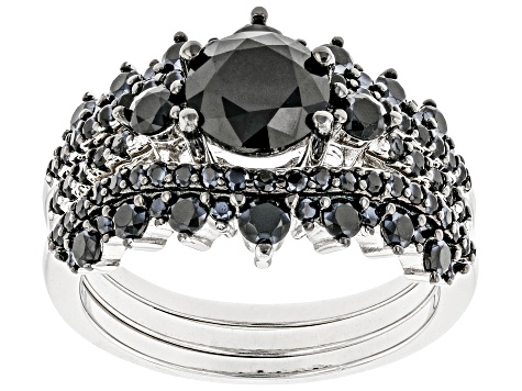Black Spinel Rhodium Over Sterling Silver Ring Set 3.03ctw