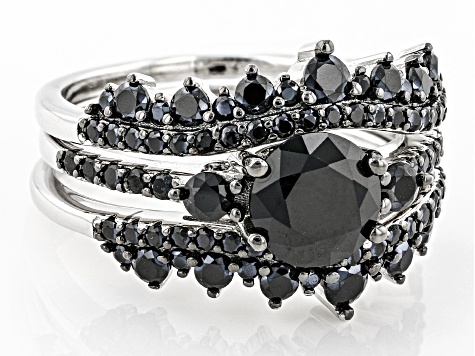 Black Spinel Rhodium Over Sterling Silver Ring Set 3.03ctw