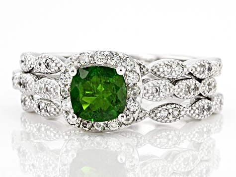Green Chrome Diopside Rhodium Over Sterling Silver Ring Set 1.58ctw