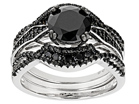 Black Spinel Rhodium Over Sterling Silver Ring Set 2.94ctw