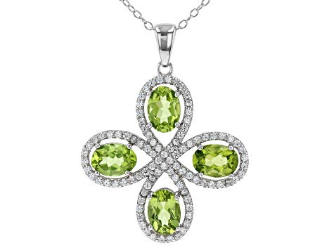 Green Peridot Rhodium Over Sterling Silver Cross Pendant With Chain 3.70ctw