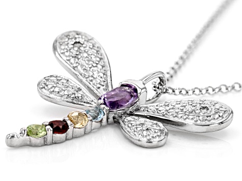 Multicolor Multi-Gemstone Rhodium Over Sterling Silver Dragonfly Pendant With Chain 0.79ctw