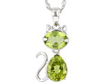 Green Peridot Rhodium Over Sterling Silver Cat Pendant With Chain 2.50ctw