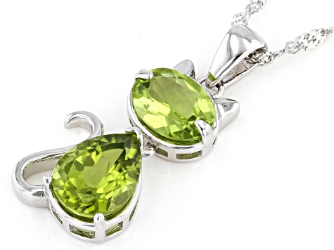 Green Peridot Rhodium Over Sterling Silver Cat Pendant With Chain 2.50ctw