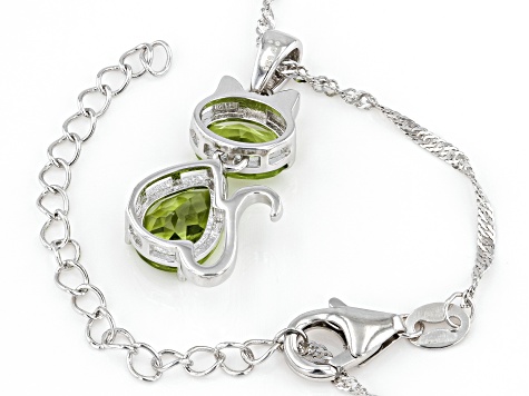 Green Peridot Rhodium Over Sterling Silver Cat Pendant With Chain 2.50ctw