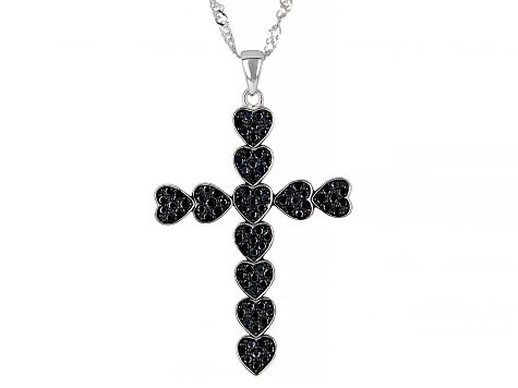 Black Spinel Rhodium Over Sterling Silver Cross Pendant With Chain