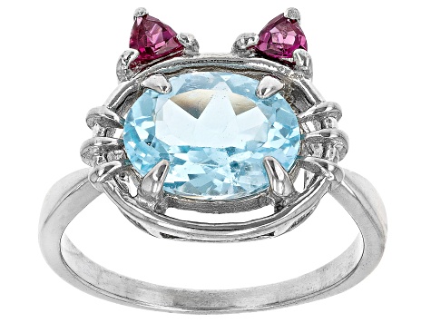 Sky Blue Topaz Rhodium Over Sterling Silver Cat Ring 2.98ctw