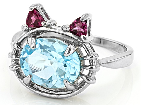 Sky Blue Topaz Rhodium Over Sterling Silver Cat Ring 2.98ctw