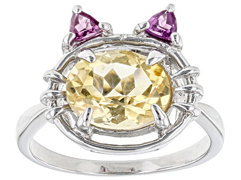 Yellow Citrine Rhodium Over Sterling Silver Cat Ring 2.48ctw