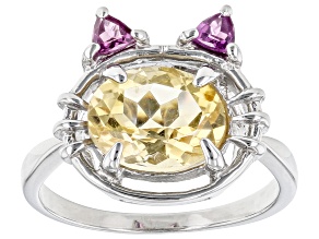 Yellow Citrine Rhodium Over Sterling Silver Cat Ring 2.48ctw