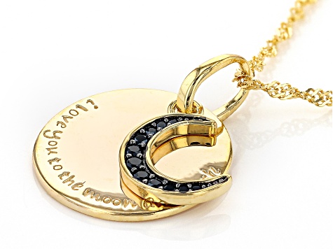 Black Spinel 18K Yellow Gold Over Silver I Love You to The Moon and Back Pendant w/ Chain 0.12ctw