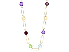 Multicolor Multi-Gemstone 18k Yellow Gold Over Sterling Silver Paperclip Station Necklace 16.00ctw