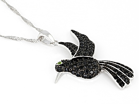 Black Spinel Rhodium Over Sterling Silver Bird Pendant With Chain 1.27ctw
