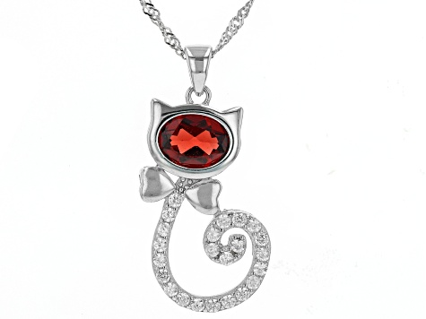 Red Garnet Rhodium Over Sterling Silver Cat Pendant With Chain 2.03ctw