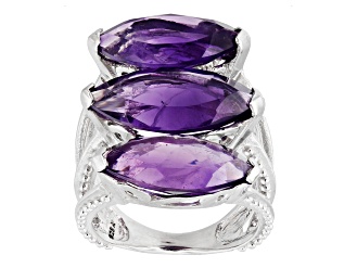 Purple African Amethyst Rhodium Over Sterling Silver 3-Stone Ring 11.40ctw