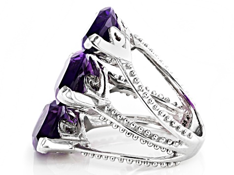 Purple African Amethyst Rhodium Over Sterling Silver 3-Stone Ring 11.40ctw