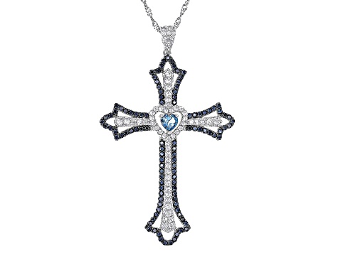 London Blue Topaz Rhodium Over Sterling Silver Cross Pendant With Chain 1.90ctw