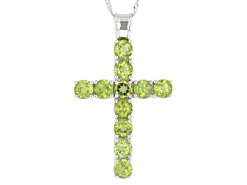 Picture of Green Peridot Rhodium Over Sterling Silver Cross Pendant With Chain 6.00ctw