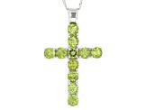 Green Peridot Rhodium Over Sterling Silver Cross Pendant With Chain 6.00ctw