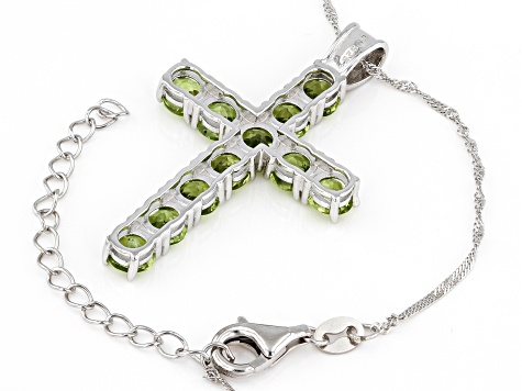 Green Peridot Rhodium Over Sterling Silver Cross Pendant With Chain 6.00ctw