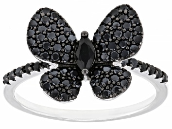 Picture of Black Spinel Rhodium Over Sterling Silver Butterfly Ring 0.90ctw
