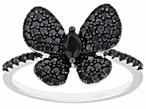 Black Spinel Rhodium Over Sterling Silver Butterfly Ring 0.90ctw