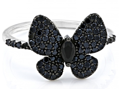 Black Spinel Rhodium Over Sterling Silver Butterfly Ring 0.90ctw 