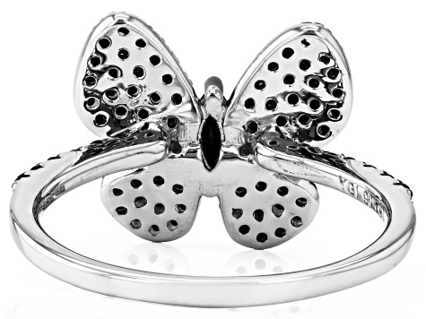 Black Spinel Rhodium Over Sterling Silver Butterfly Ring 0.90ctw