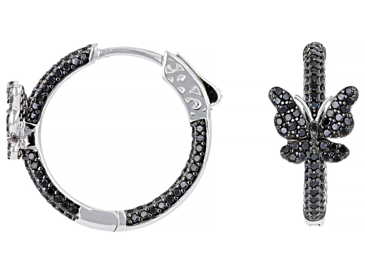 Black Spinel Rhodium Over Sterling Silver Butterfly Hoop