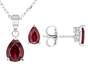 Red Lab Created Ruby Rhodium Over Sterling Silver Earrings And Pendant With Chain Set 2.26ctw