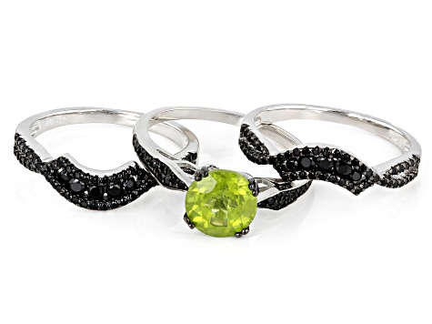 Green Peridot Rhodium Over Sterling Silver Ring Set 3.87ctw
