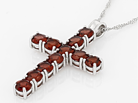 Red Garnet Rhodium Over Sterling Silver Cross Pendant With Chain 6.00ctw