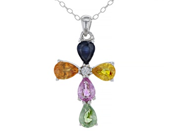 Picture of Multi-Sapphire Rhodium Over Sterling Silver Cross Pendant with Chain 0.92ctw