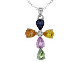 Multi-Sapphire Rhodium Over Sterling Silver Cross Pendant with Chain 0.92ctw