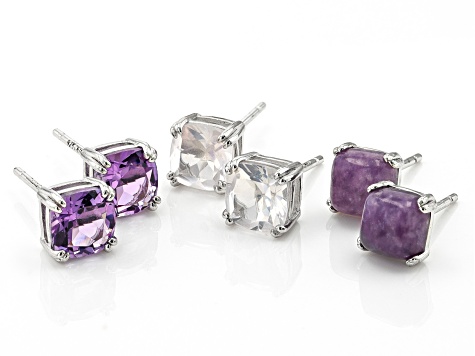 Purple Amethyst Platinum Over Sterling Silver Stud Earring Set of 3 2.87ctw