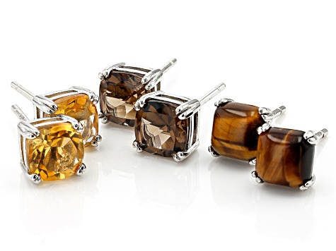 Yellow Citrine Platinum Over Sterling Silver Stud Earring Set of 3 2.68ctw