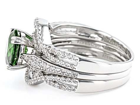 Green Chrome Diopside Rhodium Over Sterling Silver Ring Set