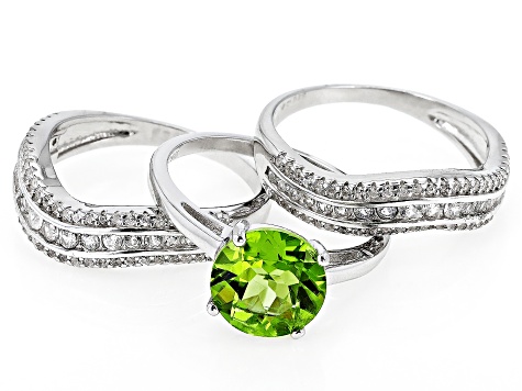 Green Peridot Rhodium Over Sterling Silver Ring Set 4.20ctw