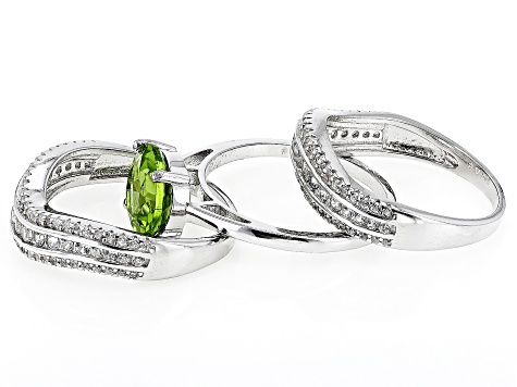 Green Peridot Rhodium Over Sterling Silver Ring Set 4.20ctw