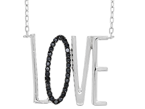 Black Spinel Rhodium Over Sterling Silver "Love" Necklace 0.16ctw
