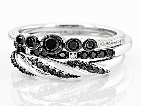 Black Spinel Rhodium Over Sterling Silver Ring Set 0.79ctw