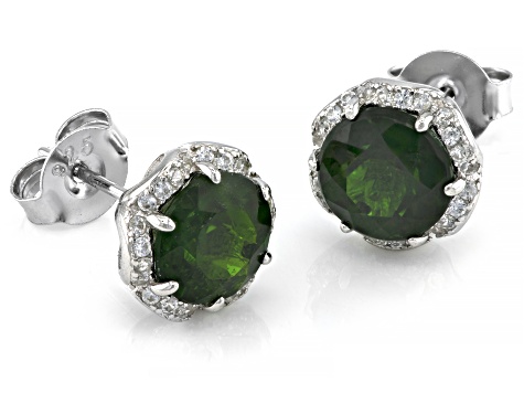Green Chrome Diopside Rhodium Over Sterling Silver Stud Earrings 3.95ctw