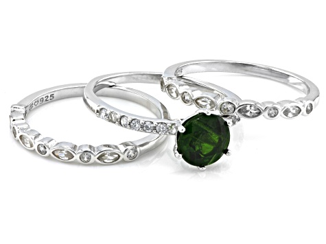 Green Chrome Diopside Rhodium Over Sterling Silver Ring Set 1.93ctw