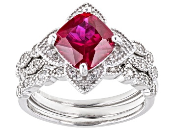Picture of Red Lab Created Ruby Rhodium Over Sterling Silver Ring Set 2.95ctw