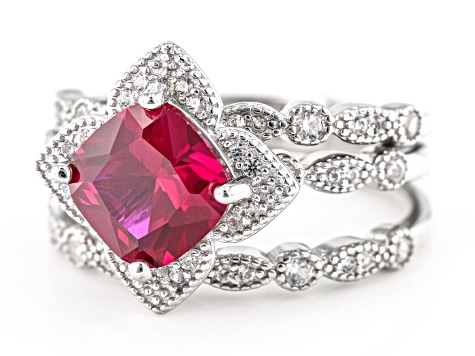 Red Lab Created Ruby Rhodium Over Sterling Silver Ring Set 2.95ctw