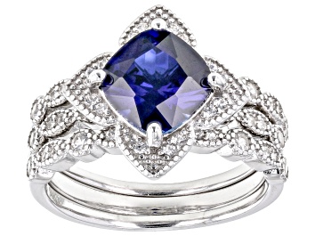 Picture of Blue Lab Created Sapphire Rhodium Over Sterling Silver Ring Set 2.95ctw