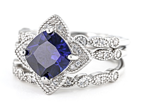 Blue Lab Created Sapphire Rhodium Over Sterling Silver Ring Set 2.95ctw