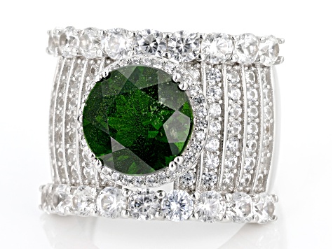 Green Chrome Diopside Rhodium Over Sterling Silver Ring 7.82ctw